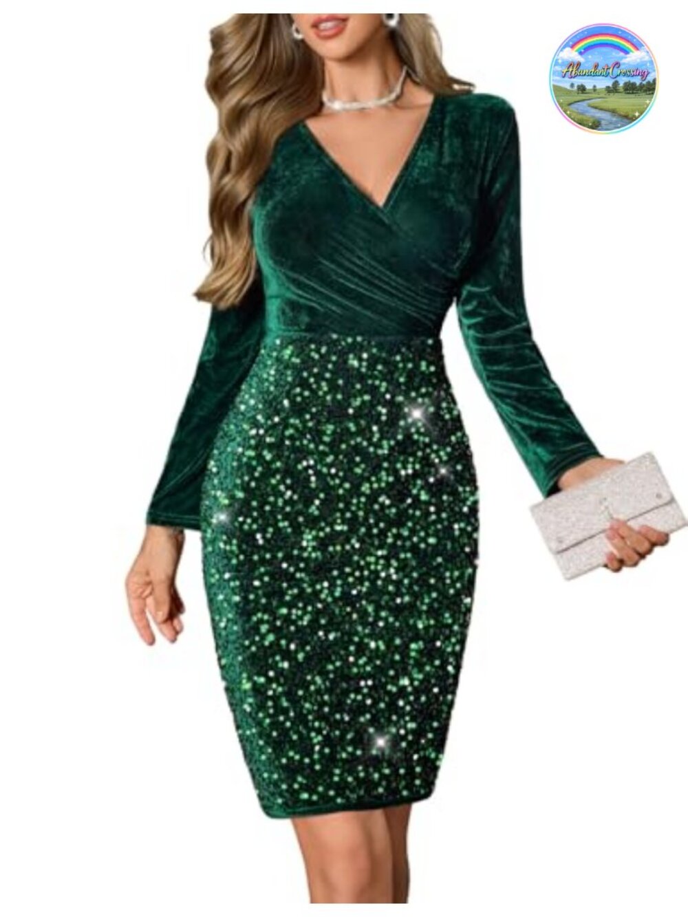 Velvet Sequin Bodycon Cocktail Dress Long Sleeve V-Neck Party